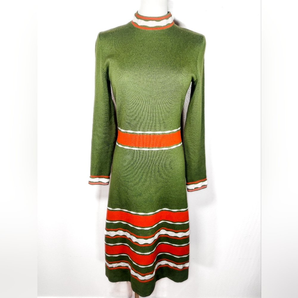 Vintage 1960s Mod Turtleneck Sweater Dress | 60s Colorblock Striped Wool Dress - Picture 2 of 10